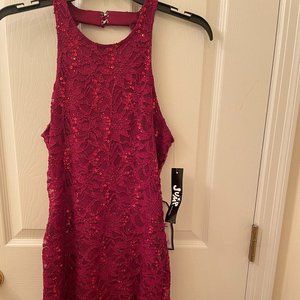 Red sequin & lace backless evening dress